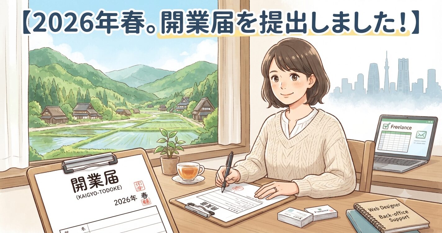 タイトル: 上部に「【2026年春。開業届を提出しました！】」というテキストを配置。 ストーリー: 窓の外には「Uターン先の地方の風景（緑豊かな山と田舎の家並み）」、その奥には「東京のビル群」が見え、過去と現在の環境を対比させています。 アクション: 主人公が「開業届」と書かれた書類にサインをしている様子